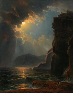 Felskuste im Mondschein by Johann Nepomuk Schodlberger Oil Painting