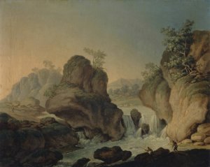 Landscape with Waterfall and Fishermen by Johann Nepomuk Wocher Oil Painting