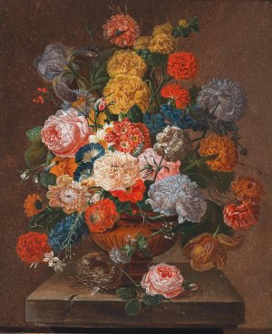 A Bouquet of Flowers with a Bird's Nest by Johann Oberer Oil Painting