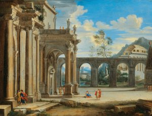 An architectural capriccio with figures by Johann Oswald Harms Oil Painting