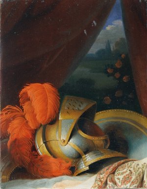 Helmet and round shield Possibly detailed study of 'Chlorinden's Baptism' by Johann Peter Krafft Oil Painting