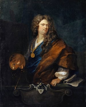 Self-Portrait with Family Coat of Arms by Johann Rudolf Huber The Elder Oil Painting