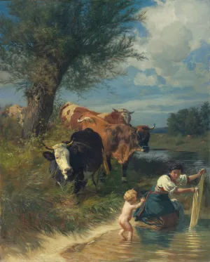 Cows And Washerwoman Near A Brook by Johann Rudolf Koller Oil Painting
