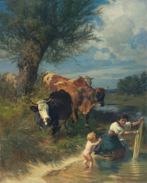 Main Product Photo of Cows And Washerwoman Near A Brook Painting by Johann Rudolf Koller