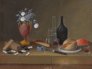 Still Life Of Dominos, A Vase Of Flowers, Bottles, Fruit And Other Objects by Johann Rudolff Feyerabend Oil Painting