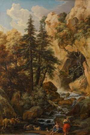 Waldlandschaft mit FelsenhOhle, Wildbach und Staffage Oil painting by Johann Samuel Hotzendorf