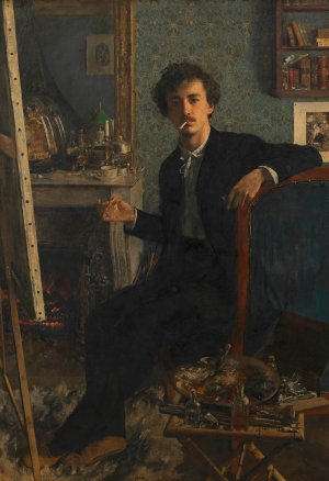 Selbstbildnis am Kamin by Johann Victor Kramer Oil Painting