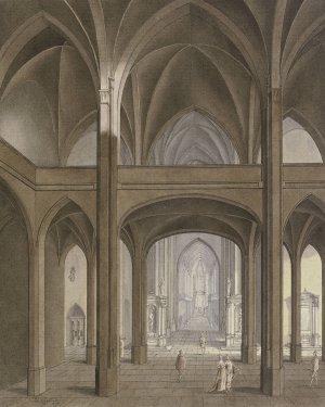 Blick auf Lettner und Chor einer gotischen Kirche mit Renaissance-Altaren und Staffagefiguren im Kostum des 17. Jahrhunderts by Johann Vogelin Oil Painting