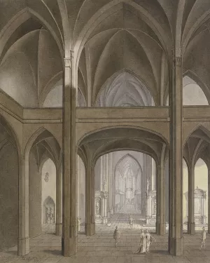 Blick auf Lettner und Chor einer gotischen Kirche mit Renaissance-Altaren und Staffagefiguren im Kostum des 17. Jahrhunderts Oil painting by Johann Vogelin