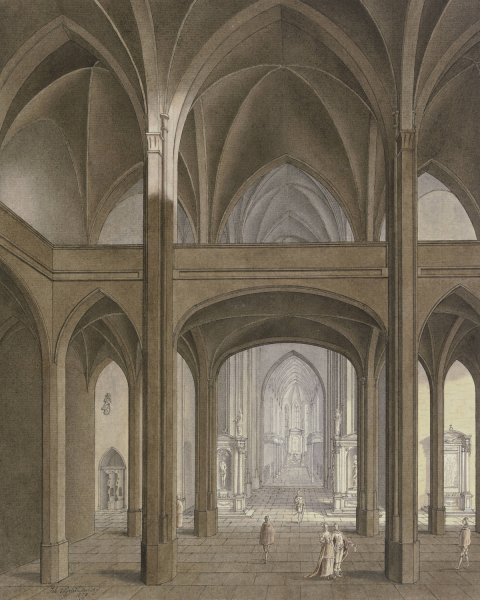 Main Product Photo of Blick auf Lettner und Chor einer gotischen Kirche mit Renaissance-Altaren und Staffagefiguren im Kostum des 17. Jahrhunderts  Painting by Johann Vogelin
