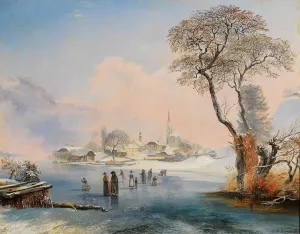 Ice skating by Maria WOrth on Lake Worthersee by Johann Werner Oil Painting