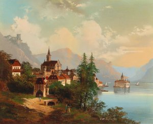 Blick auf eine Stadt und ein Wasserschloss by Johann Wilhelm Jankowski Oil Painting