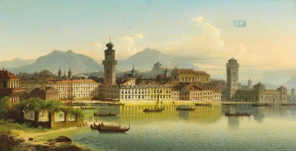 View of Riva on Lake Garda by Johann Wilhelm Jankowski - Hand-Painted Oil Painting Reproduction