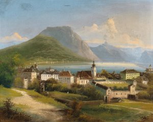 A View of Gmunden on Lake Traunsee by Johann Wilhelm Jankowsky Oil Painting