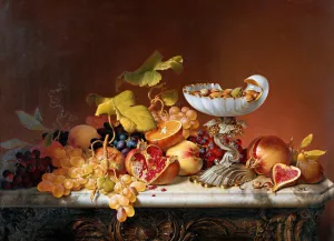 Tropical fruits with milk glass shell in shell shape by Johann Wilhelm Preyer Oil Painting