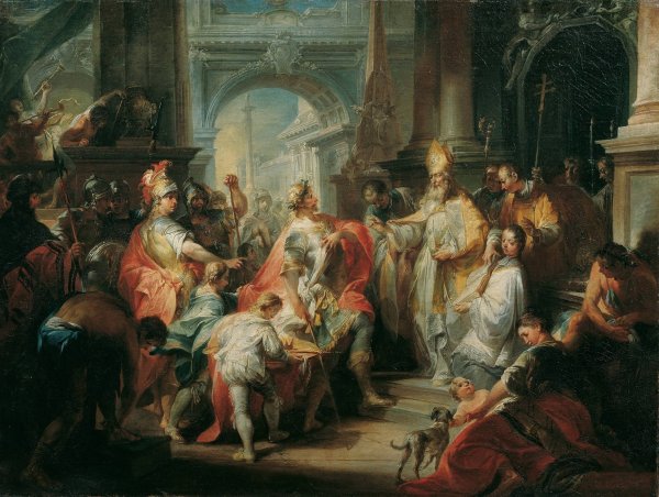 Der Heilige Ambrosius Verwehrt Kaiser Theodosius Den Eintritt In Den Mailander Dom  by Johann Wolfgang Baumgartner - Hand-Painted Oil Painting Reproduction