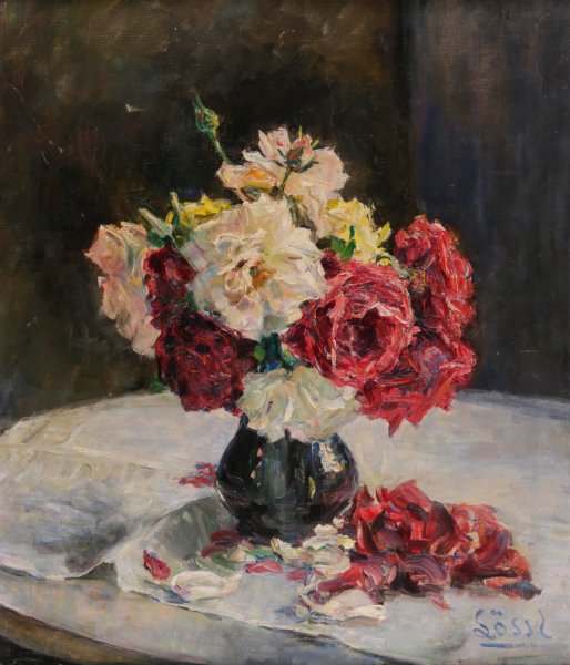 Ein Rosenstraus in einer Vase by Johanna Lossl - Hand-Painted Oil Painting Reproduction