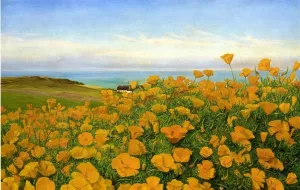 A Field of Buttercups by the Coast by Johanne Nicoline Louise Frimodt Oil Painting