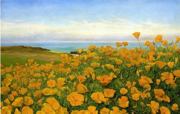 A Field of Buttercups by the Coast by Johanne Nicoline Louise Frimodt - Hand-Painted Oil Painting Reproduction