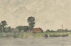Rivierlandschap met boerderij, after George Henry Boughton by Johannes Abraham Mondt Oil Painting