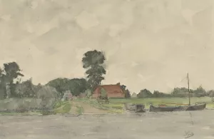 Rivierlandschap met boerderij, after George Henry Boughton by Johannes Abraham Mondt Oil Painting