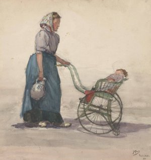Vrouw met kruik en kinderwagen, naar rechts by Johannes Abraham Mondt Oil Painting