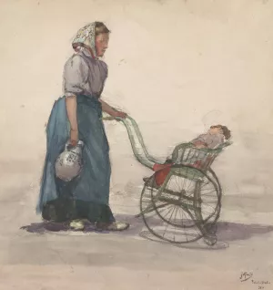 Vrouw met kruik en kinderwagen, naar rechts by Johannes Abraham Mondt Oil Painting
