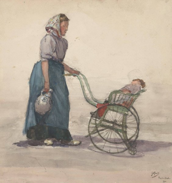 Main Product Photo of Vrouw met kruik en kinderwagen, naar rechts  Painting by Johannes Abraham Mondt