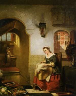 Women Preparing Dinner in a Kitchen Interior by Johannes Anthonie Stroebel Oil Painting
