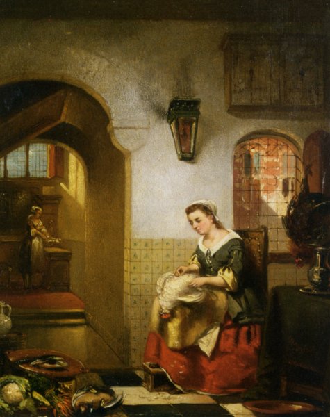 Women Preparing Dinner in a Kitchen Interior by Johannes Anthonie Stroebel - Hand-Painted Oil Painting Reproduction