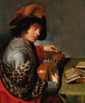 A man in a plumed hat and fur stole tuning a lute before a table with books by Johannes Baeck Oil Painting
