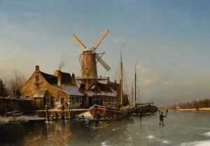 A Winter Landscape With A Mill On A Frozen River Oil painting by Johannes Bertholomaus Duntze