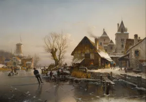 Skaters On The Canal by Johannes Bertholomaus Duntze Oil Painting