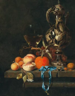 Apricots, peaches and other fruit with glass and a jug by Johannes Borman Oil Painting
