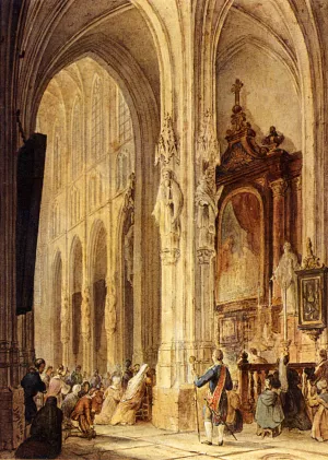 A Church Interior With People Attending Mass painting by Johannes Bosboom