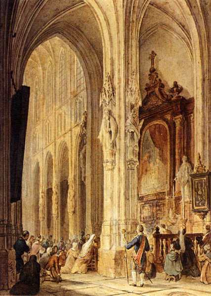 A Church Interior With People Attending Mass