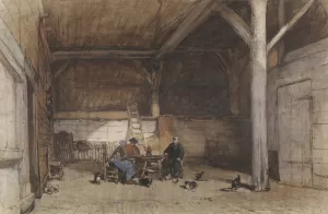 Boereninterieur met twee mannen en een vrouw aan een tafel, verder enkele kippen en katten Oil painting by Johannes Bosboom