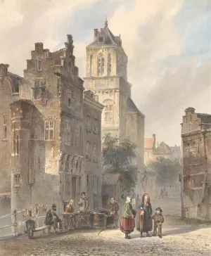 Gezicht op het stadhuis van Delft Oil painting by Johannes Bosboom