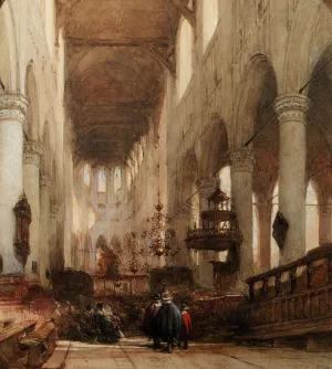 Worshippers in the Central Aisle of the Pieterskerk, Leyden by Johannes Bosboom - Oil Painting Reproduction