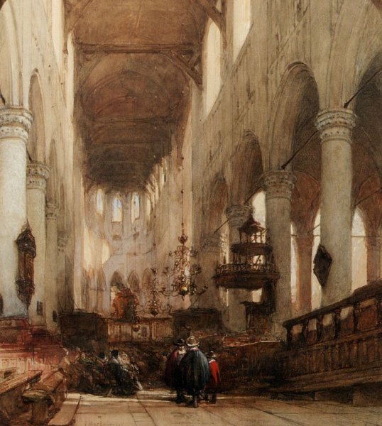 Main Product Photo of Worshippers in the Central Aisle of the Pieterskerk, Leyden Painting by Johannes Bosboom