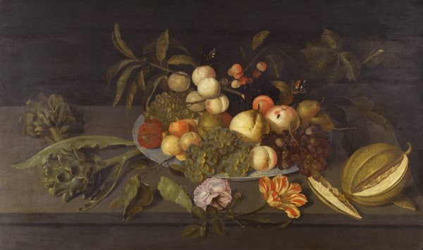 Main Product Photo of Still Life With Apples, Pears, Grapes And Other Fruits In A Chinese Porcelain Bowl On A Ledge Alongside A Melon Painting by Johannes Bosschaert