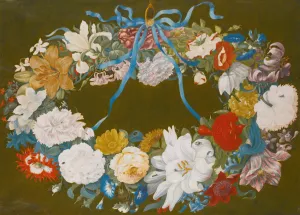 A Garland Of Flowers, Tied To A Ring With A Blue Ribbon Oil painting by Johannes Bronckhorst