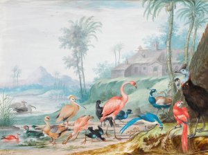A Group Of Exotic Birds In A Landscape Beneath Palm Trees, A Building And Mountains Beyond by Johannes Bronckhorst Oil Painting