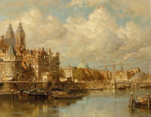 A view of the Prins Hendrikkade with the St Nicolaas Church, he Schreierstoren and the Lutherian church, Amsterdam by Johannes Christiaan Karel Klinkenberg Oil Painting