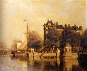 Moored Sailing Vessels Along A Quay, Amsterdam by Johannes Christiaan Karel Klinkenberg Oil Painting
