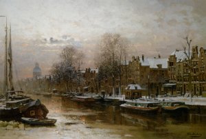 Snow Covered Barges on the Singel Amsterdam