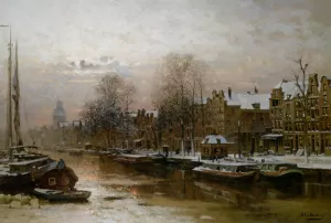 Snow Covered Barges on the Singel Amsterdam painting by Johannes Christiaan Karel Klinkenberg