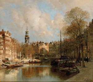 View of the Singel and the Bloemmarkt near the Munt, Amsterdam by Johannes Christiaan Karel Klinkenberg Oil Painting