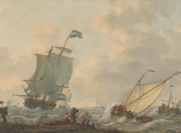 Zeilschepen op woelig water  by Johannes Christiaan Schotel - Hand-Painted Oil Painting Reproduction