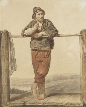 Pijprokende, staande man met, van voren Oil painting by Johannes Engel Masurel